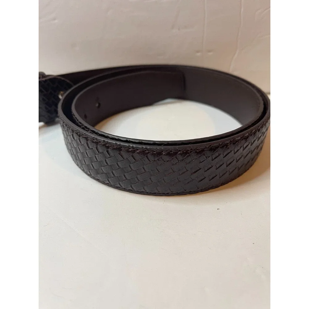 Dark Brown Basketweave Embossed Dress Belt Silver Buckle Classic Style 38-40